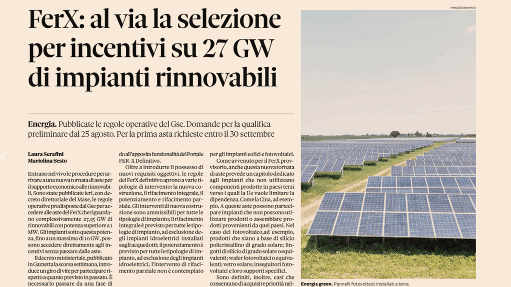 FerX: al via la selezione per incentivi su 27 GW di impianti rinnovabili
